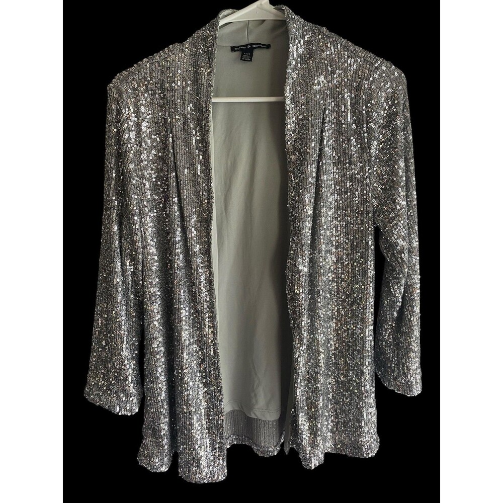 Cable & Gauge Jacket Womens Large Silver Sequin Open Front 3/4 Sleeve Party